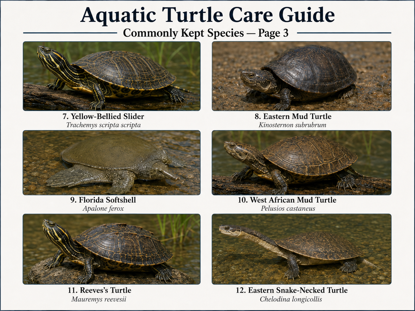 Labeled photorealistic species page showing yellow-bellied slider, eastern mud turtle, Florida softshell, West African mud turtle, Reeves's turtle, and eastern snake-necked turtle, numbered 7 through 12