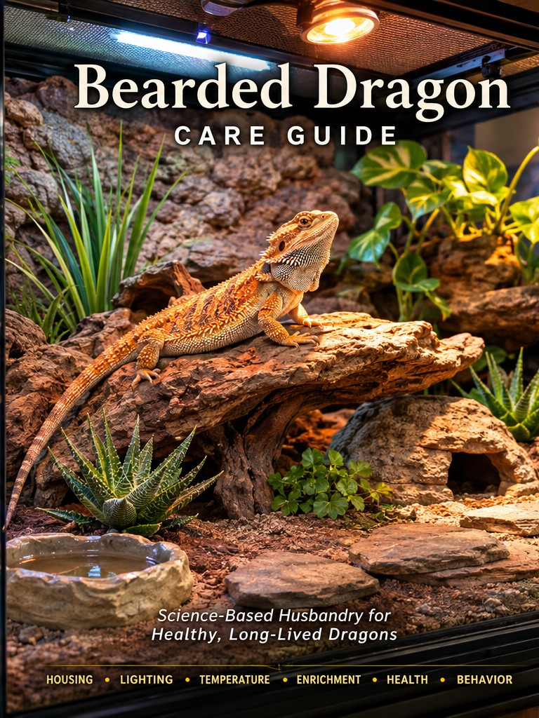 Bearded dragon basking in an exceptionally well-designed naturalistic habitat with climbing branches, rock ledges, hides, vegetation, UVB lighting, and overhead basking heat