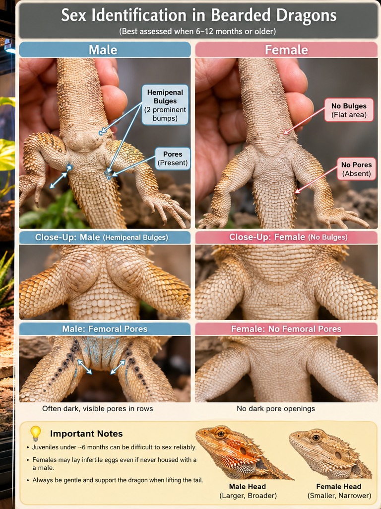 Labeled male and female bearded dragon sex characteristics showing paired hemipenal bulges and prominent femoral pores in a male and a flatter tail base with less prominent pores in a female