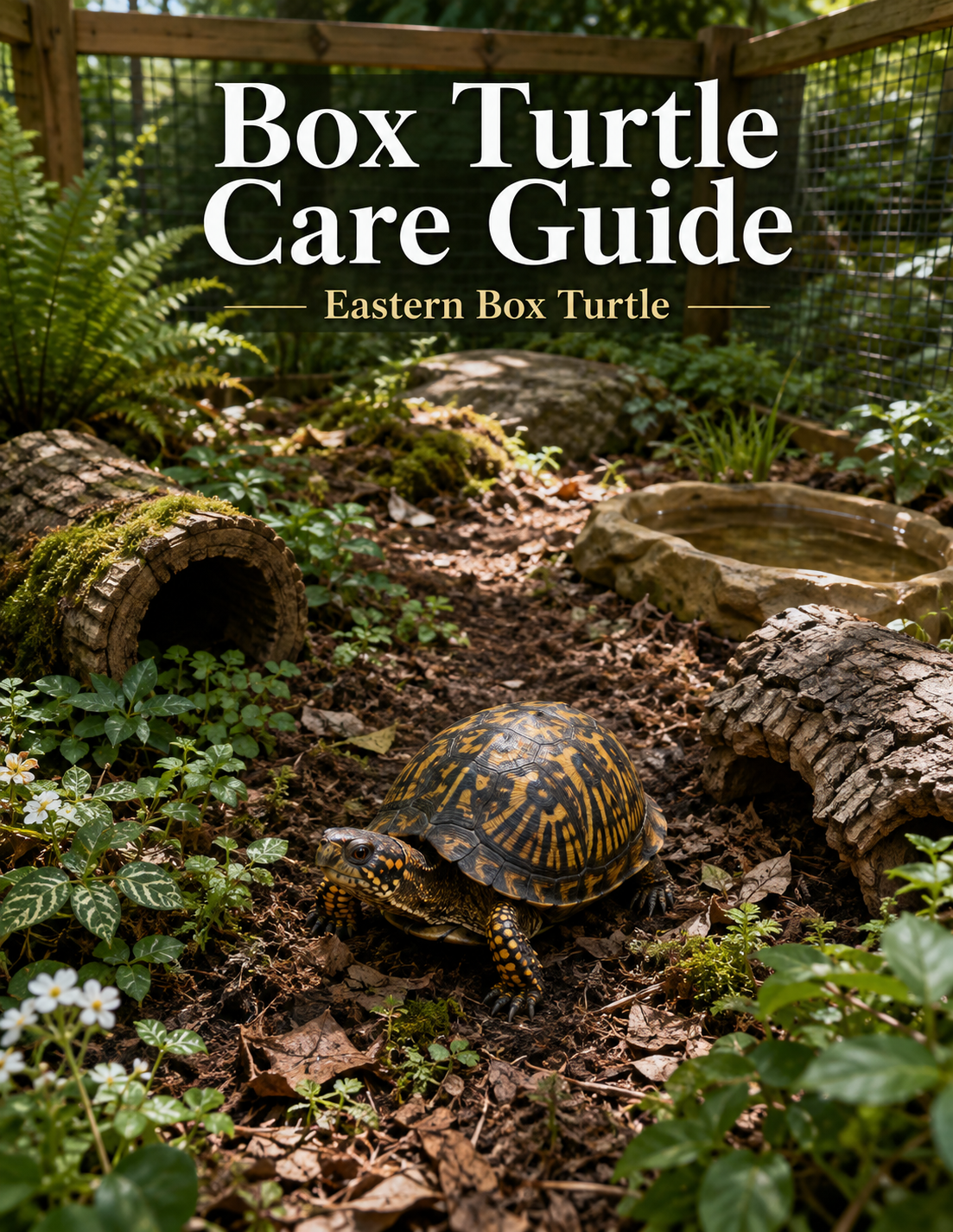 Box Turtle Care Guide cover showing a captive eastern box turtle in a secure outdoor naturalistic enclosure with sun and shade, deep leaf litter and soil substrate, logs, plants, hides, a shallow soaking water area, and safe fencing
