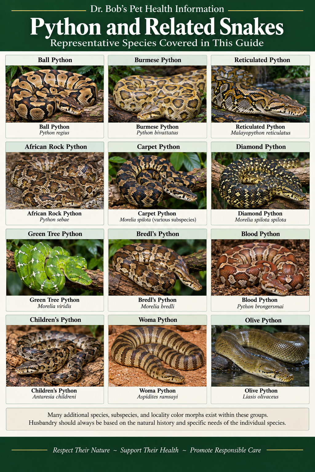 Representative captive python species and groups covered in the Python and Related Snake Care Guide