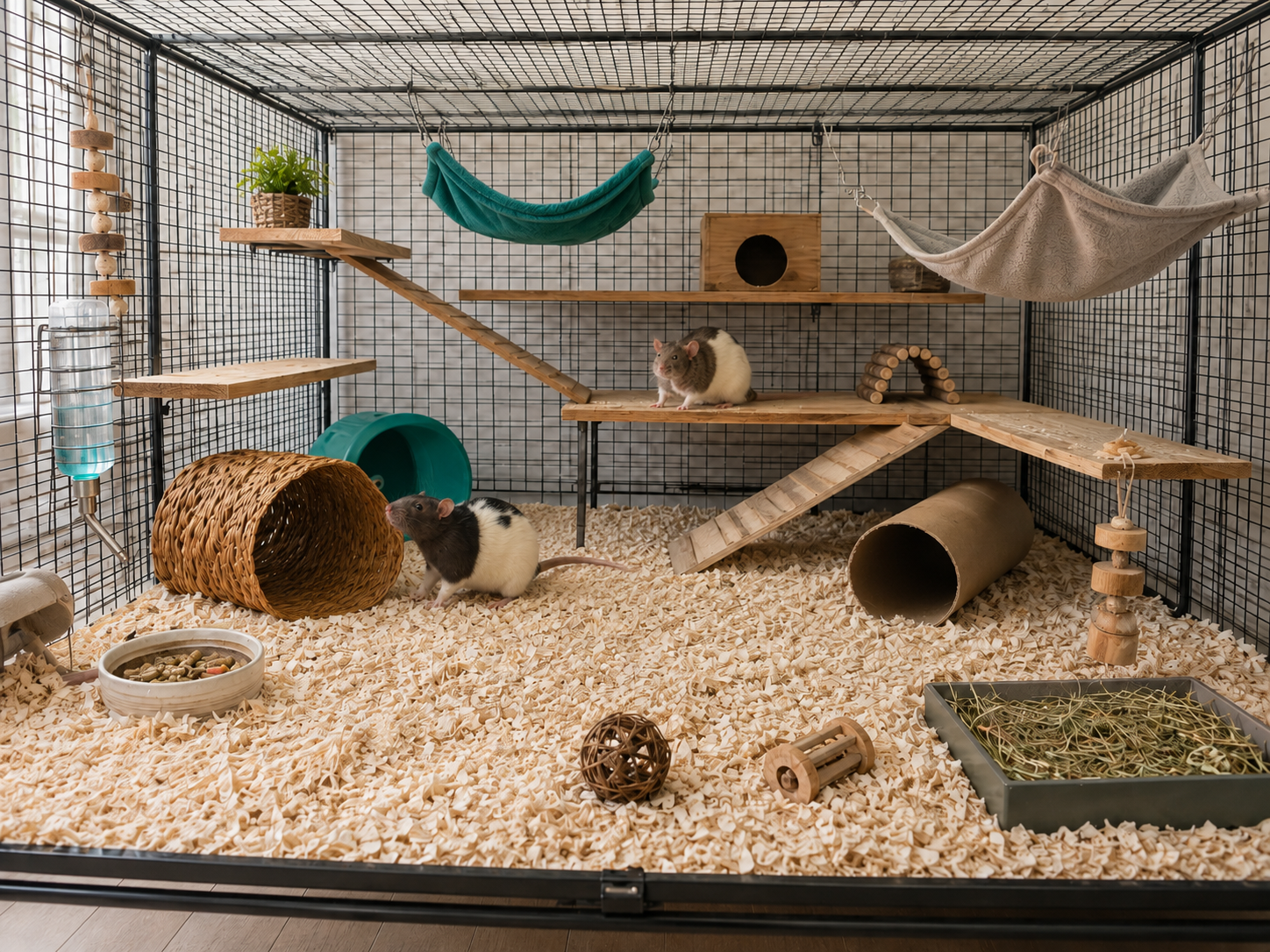 Two pet rats in a spacious multi-level indoor habitat with hammocks, platforms, tunnels, bedding, food, water, and room for movement
