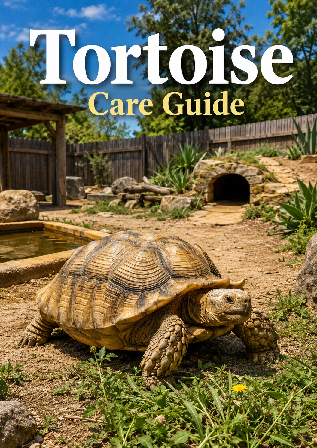 Tortoise Care Guide cover showing a sulcata tortoise in a secure outdoor habitat with natural soil, grazing vegetation, sun, shade, water, sturdy perimeter fencing, and a protected burrow or shelter